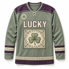 Load image into Gallery viewer, Illuminated Shamrock Border St. Patrick's Day Hockey Jersey in Illuminated Sage, front view – custom name and number