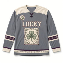 Load image into Gallery viewer, Illuminated Shamrock Border St. Patrick's Day Hockey Jersey in Illuminated Slate, front view – custom name and number