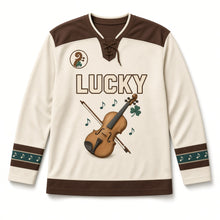 Load image into Gallery viewer, Irish Fiddle St. Patrick's Day Hockey Jersey in Fiddle Cream, front view – custom name and number
