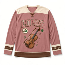 Load image into Gallery viewer, Irish Fiddle St. Patrick's Day Hockey Jersey in Fiddle Dusty Rose, front view – custom name and number