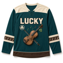 Load image into Gallery viewer, Irish Fiddle St. Patrick's Day Hockey Jersey in Fiddle Teal, front view – custom name and number