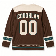 Load image into Gallery viewer, Irish Fiddle St. Patrick's Day Hockey Jersey in Fiddle Walnut Brown, back view with your name and number