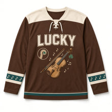 Load image into Gallery viewer, Irish Fiddle St. Patrick's Day Hockey Jersey in Fiddle Walnut Brown, front view – custom name and number