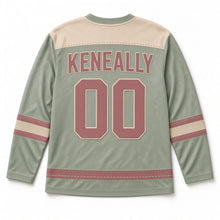 Load image into Gallery viewer, Irish Linen Weave St. Patrick's Day Hockey Jersey in Linen Sage, back view with your name and number
