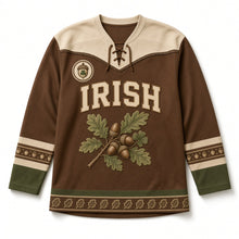 Load image into Gallery viewer, Irish Oak and Acorns St. Patrick's Day Hockey Jersey in Oak Bark Brown, front view – custom name and number