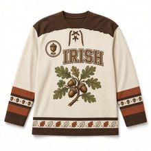 Load image into Gallery viewer, Irish Oak and Acorns St. Patrick's Day Hockey Jersey in Oak Oatmeal, front view – custom name and number