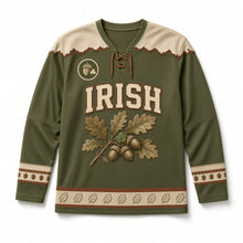 Load image into Gallery viewer, Irish Oak and Acorns St. Patrick's Day Hockey Jersey in Oak Olive, front view – custom name and number