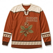 Load image into Gallery viewer, Irish Oak and Acorns St. Patrick's Day Hockey Jersey in Oak Autumn Rust, front view – custom name and number