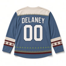 Load image into Gallery viewer, Irish Setter Field St. Patrick's Day Hockey Jersey in Setter Dusk Blue, back view with your name and number