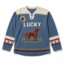 Load image into Gallery viewer, Irish Setter Field St. Patrick's Day Hockey Jersey in Setter Dusk Blue, front view – custom name and number