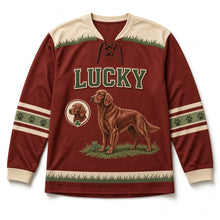 Load image into Gallery viewer, Irish Setter Field St. Patrick's Day Hockey Jersey in Setter Mahogany, front view – custom name and number