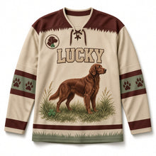 Load image into Gallery viewer, Irish Setter Field St. Patrick's Day Hockey Jersey in Setter Oatmeal, front view – custom name and number