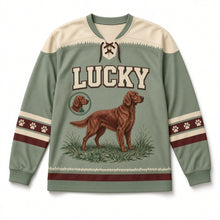 Load image into Gallery viewer, Irish Setter Field St. Patrick's Day Hockey Jersey in Setter Sage Green, front view – custom name and number