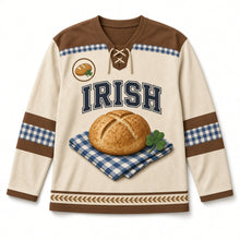 Load image into Gallery viewer, Irish Soda Bread Loaf St. Patrick's Day Hockey Jersey in Loaf Oatmeal, front view – custom name and number