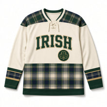 Load image into Gallery viewer, Irish Tartan St. Patrick's Day Hockey Jersey in Tartan Cream, front view – custom name and number