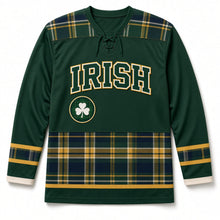 Load image into Gallery viewer, Irish Tartan St. Patrick's Day Hockey Jersey in Tartan Forest Green, front view – custom name and number