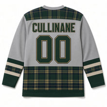 Load image into Gallery viewer, Irish Tartan St. Patrick's Day Hockey Jersey in Tartan Heather Grey, back view with your name and number