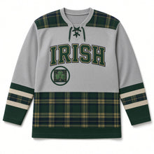 Load image into Gallery viewer, Irish Tartan St. Patrick's Day Hockey Jersey in Tartan Heather Grey, front view – custom name and number