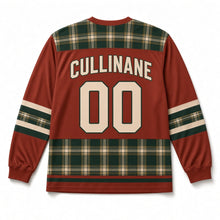Load image into Gallery viewer, Irish Tartan St. Patrick's Day Hockey Jersey in Tartan Rust, back view with your name and number