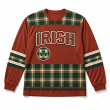 Load image into Gallery viewer, Irish Tartan St. Patrick's Day Hockey Jersey in Tartan Rust, front view – custom name and number