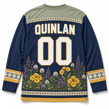 Load image into Gallery viewer, Irish Wildflowers St. Patrick's Day Hockey Jersey in Wildflower Navy, back view with your name and number