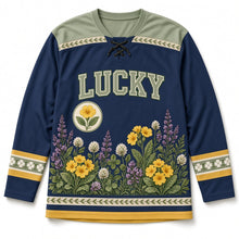 Load image into Gallery viewer, Irish Wildflowers St. Patrick's Day Hockey Jersey in Wildflower Navy, front view – custom name and number