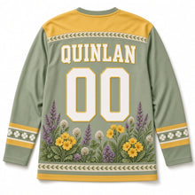 Load image into Gallery viewer, Irish Wildflowers St. Patrick's Day Hockey Jersey in Wildflower Sage, back view with your name and number