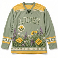 Load image into Gallery viewer, Irish Wildflowers St. Patrick's Day Hockey Jersey in Wildflower Sage, front view – custom name and number