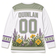 Load image into Gallery viewer, Irish Wildflowers St. Patrick's Day Hockey Jersey in Wildflower White, back view with your name and number