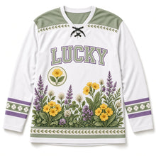 Load image into Gallery viewer, Irish Wildflowers St. Patrick's Day Hockey Jersey in Wildflower White, front view – custom name and number