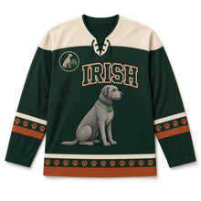 Load image into Gallery viewer, Irish Wolfhound St. Patrick's Day Hockey Jersey in Wolfhound Forest Green, front view – custom name and number