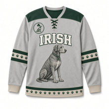 Load image into Gallery viewer, Irish Wolfhound St. Patrick's Day Hockey Jersey in Wolfhound Heather Grey, front view – custom name and number