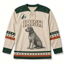 Load image into Gallery viewer, Irish Wolfhound St. Patrick's Day Hockey Jersey in Wolfhound Oatmeal, front view – custom name and number