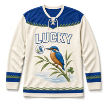 Load image into Gallery viewer, Kingfisher River Reed St. Patrick's Day Hockey Jersey in Kingfisher Cream, front view – custom name and number