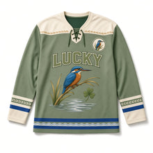 Load image into Gallery viewer, Kingfisher River Reed St. Patrick's Day Hockey Jersey in Kingfisher Reed Green, front view – custom name and number