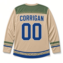 Load image into Gallery viewer, Kingfisher River Reed St. Patrick's Day Hockey Jersey in Kingfisher Sand, back view with your name and number