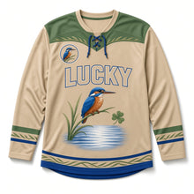 Load image into Gallery viewer, Kingfisher River Reed St. Patrick's Day Hockey Jersey in Kingfisher Sand, front view – custom name and number