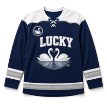 Load image into Gallery viewer, Lough Swans St. Patrick's Day Hockey Jersey in Swans Lough Blue, front view – custom name and number