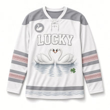 Load image into Gallery viewer, Lough Swans St. Patrick's Day Hockey Jersey in Swans Pearl White, front view – custom name and number