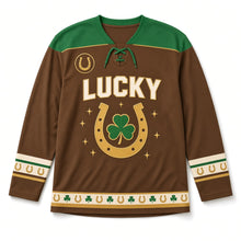 Load image into Gallery viewer, Lucky Horseshoe St. Patrick's Day Hockey Jersey in Horseshoe Saddle Brown, front view – custom name and number
