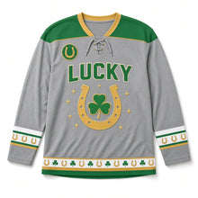 Load image into Gallery viewer, Lucky Horseshoe St. Patrick's Day Hockey Jersey in Horseshoe Heather Grey, front view – custom name and number