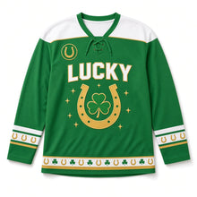 Load image into Gallery viewer, Lucky Horseshoe St. Patrick's Day Hockey Jersey in Horseshoe Kelly Green, front view – custom name and number