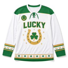 Load image into Gallery viewer, Lucky Horseshoe St. Patrick's Day Hockey Jersey in Horseshoe White, front view – custom name and number