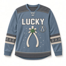 Load image into Gallery viewer, Lucky Wishbone St. Patrick's Day Hockey Jersey in Wishbone Dusty Blue, front view – custom name and number