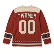 Load image into Gallery viewer, Lucky Wishbone St. Patrick's Day Hockey Jersey in Wishbone Brick Red, back view with your name and number