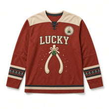 Load image into Gallery viewer, Lucky Wishbone St. Patrick's Day Hockey Jersey in Wishbone Brick Red, front view – custom name and number