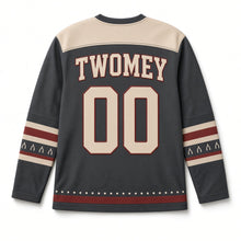Load image into Gallery viewer, Lucky Wishbone St. Patrick's Day Hockey Jersey in Wishbone Charcoal, back view with your name and number