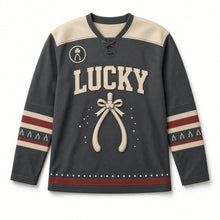 Load image into Gallery viewer, Lucky Wishbone St. Patrick's Day Hockey Jersey in Wishbone Charcoal, front view – custom name and number