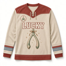 Load image into Gallery viewer, Lucky Wishbone St. Patrick's Day Hockey Jersey in Wishbone Oatmeal, front view – custom name and number
