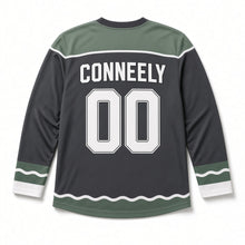 Load image into Gallery viewer, Puffin Sea Rocks St. Patrick's Day Hockey Jersey in Puffin Charcoal, back view with your name and number